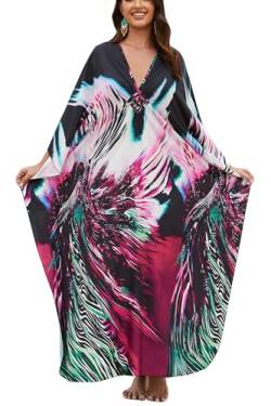 L-Peach Frauen Bohemian Print Kaftan Loungewear Nachthemd Maxi Nachtwäsche Strandkleid Badeanzug Cover ups, C Black Rose, Einheitsgröße von L-Peach