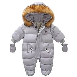 L SERVER Baby Strampler Neugeborene Jungen Fleece Dicke Winteroverall Mädchen Winddichter Warmer Schneeanzug mit Fellkragenkapuze, Grau, 74-80 von L SERVER