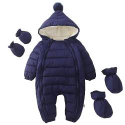 L SERVER Baby Strampler Neugeborene Jungen mit Kapuze Fleece Skianzug Mädchen Warme Winteroverall Winddichte Schneeoverall mit Handschuhen + Fußschützern, Marineblau, 68-74 von L SERVER