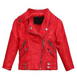 L SERVER Lederjacke Kinder Mädchen Modische PU Jacke Stehkragen Kunstlederjacke Übergangsjacke für Frühling und Herbst, Rot, 90 von L SERVER