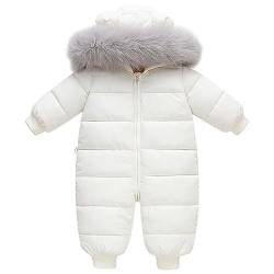 L SERVER Schneeanzug Baby Jungen Warmer Winteroverall Mädchen Fleece Dicke Skianzug Winddichter Schneeoverall mit Fellkragenkapuze, Weiß, 74-80 von L SERVER