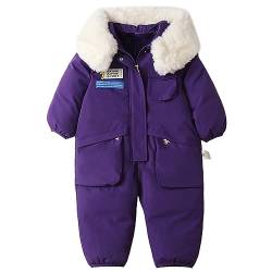 L SERVER Schneeanzug Baby Mädchen mit Fellkragen Kapuze Fleece Dicke Skianzug Jungen Winddichte Warme Schneeoverall Stylischer Outdoor Winteroverall, Lila, 92-98 von L SERVER