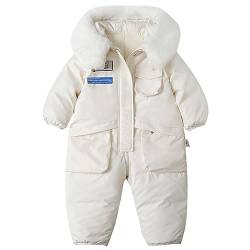 L SERVER Schneeanzug Baby Mädchen mit Fellkragen Kapuze Fleece Dicke Skianzug Jungen Winddichte Warme Schneeoverall Stylischer Outdoor Winteroverall, Weiß, 104-110 von L SERVER