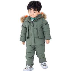 L SERVER Schneeanzug Kinder Jungen Warmes Daunenjacke Set Mädchen Skijacke + Skihose Winddichter Winter Skianzug mit Fellkragenkapuze, Bohne Grün, 92-98 von L SERVER