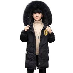 L SERVER Steppjacke Kinder Jungen Warmer Winterjacke Winddichte Parka Stilvoll Verlängerter und Verdickter Wintermantel mit Fellkragen Kapuze, Schwarz, 134-140 von L SERVER