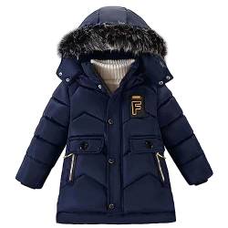 L SERVER Winterjacke Kinder Jungen Fleece Dicker Parka Winddichte Warme Steppjacke Stylischer Wintermantel mit Fellkragen Kapuze, Marineblau, 104-110 von L SERVER