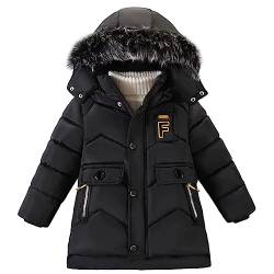 L SERVER Winterjacke Kinder Jungen Fleece Dicker Parka Winddichte Warme Steppjacke Stylischer Wintermantel mit Fellkragen Kapuze, Schwarz, 104-110 von L SERVER