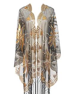 L'VOW Damen Glitzer Schal 1920er Jahre Mesh Pailletten Hochzeit Cape Fransen Abendschal Wrap, 03-Gold Schwarz, Einheitsgröße von L'VOW