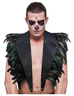 L'VOW Echter schwarzer Federumhang mit Metallkette PU Leder Gothic Schal Shrug Halloween Kostüm für Damen und Herren, schwarz, Einheitsgröße von L'VOW