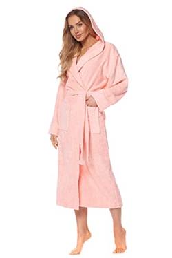 L&L -2102 Damen Bademantel Frottee Hausmantel Bademantel für Damen Damenbademantel Lange mit Kapuze aus 100% Baumwolle (Light Peach, Large) von L&L