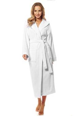 L&L -2102 Damen Bademantel Frottee Hausmantel Bademantel für Damen Damenbademantel Lange mit Kapuze aus 100% Baumwolle (White, Medium) von L&L