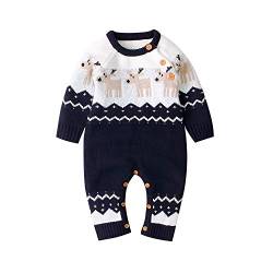 Baby Jungen Mädchen Unisex Stricken Weihnachten Outfits Baby Kleidung Weihnachtsset Babykleidung Gestrickt Strampler Hut Set Warm Bodysuit Jumpsuit Baby Weihnachten Geschenk (Blau Elch, 12-18 Monate) von L&ieserram