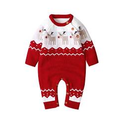 Baby Jungen Mädchen Unisex Stricken Weihnachten Outfits Baby Kleidung Weihnachtsset Babykleidung Gestrickt Strampler Hut Set Warm Bodysuit Jumpsuit Baby Weihnachten Geschenk (Rot Elch, 0-3 Monate) von L&ieserram