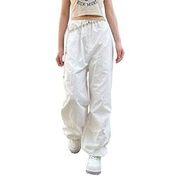 Cargohose Damen Baggy High Waist Weites Bein Hose Y2K Parachute Cargo Pants Oversized Vintage 90er Baggy Cargo Hose Teenager Mädchen Breite Jogginghose mit Kordelzug (A-Weiß, M) von L&ieserram