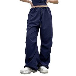 Cargohose Damen Baggy High Waist Weites Bein Hose Y2K Parachute Cargo Pants Oversized Vintage 90er Baggy Cargo Hose Teenager Mädchen Breite Jogginghose mit Kordelzug (F-Navy, S) von L&ieserram