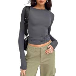 Damen Basic Langarmshirt Eng Elastisch Slim Fit Y2K Top Langarm Shirt Lässige Oberteile Unterziehshirt mit Ausschnitt (Dunkelgrau, S) von L&ieserram