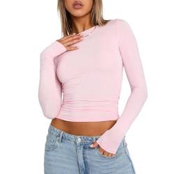 Damen Basic Langarmshirt Eng Elastisch Slim Fit Y2K Top Langarm Shirt Lässige Oberteile Unterziehshirt mit Ausschnitt (Rosa, S) von L&ieserram