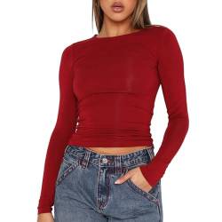 Damen Basic Langarmshirt Eng Elastisch Slim Fit Y2K Top Langarm Shirt Lässige Oberteile Unterziehshirt mit Ausschnitt (Rot, M) von L&ieserram