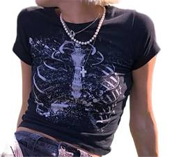 Gothic Grafik T Shirt Damen Y2K Crop Top Kurzarm Sommer Oberteil Sexy Bauchfrei Top Vintage 90er Fairy Grunge Asthetic Teenager Mädchen Outfit (Schwarz, L) von L&ieserram