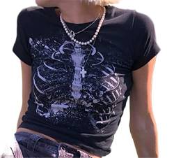 Gothic Grafik T Shirt Damen Y2K Crop Top Kurzarm Sommer Oberteil Sexy Bauchfrei Top Vintage 90er Fairy Grunge Asthetic Teenager Mädchen Outfit (Schwarz, M) von L&ieserram