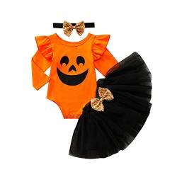 L&ieserram Baby Kleidung Mädchen Halloween Outfits 3-Teilige Kleinkind Babykleidung Set Rüschen Strampler Tutu Rock Schleifen Stirnband Neugeborene Baby Geschenk Babysuit von L&ieserram