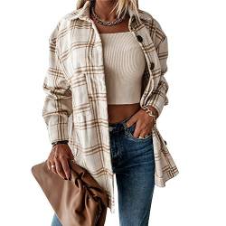 L&ieserram Damen Karierte Jacke Knöpfe Oversized Übergangsjacke Kurz Overshirt mit Karomuster Taschen Langarm Leichte Hemd Jacke E-Girl Style Y2K Boyfreind Herbst Oberteile Top (Dünn-Beige, L) von L&ieserram