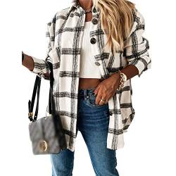 L&ieserram Damen Karierte Jacke Knöpfe Oversized Übergangsjacke Kurz Overshirt mit Karomuster Taschen Langarm Leichte Hemd Jacke E-Girl Style Y2K Boyfreind Herbst Oberteile Top (Dünn-Weiß, M) von L&ieserram