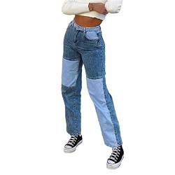 L&ieserram Damen Patchwork Jeans High Waist Stretch Cutoffs Distressed Straight Leg Denim Jeans Hose 70er Vintage E-Girl Style Y2K Schlagjeans Hose (B Blau, XL) von L&ieserram