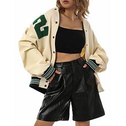 L&ieserram Damen Sweatjacke Vintage Bomberjacke Elegant College Sweat Jacket Oversized Übergangsjacke Baseball Jacke Mädchen Casual Modisch Jacken mit Streifen Knopf (Beige S00, L) von L&ieserram