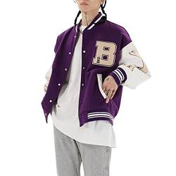 L&ieserram Damen Sweatjacke Vintage Bomberjacke Elegant College Sweat Jacket Oversized Übergangsjacke Baseball Jacke Mädchen Casual Modisch Jacken mit Streifen Knopf (Lila B Knochen, L) von L&ieserram
