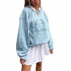 L&ieserram Damen Sweatshirt ohne Kapuze Lang Oversized Vintage Pullover Langarm Retro Lockerer Langarmshirt 90er Y2K Fashion Aesthetic E-Girl Teenager Mädchen Herbst Winter Pulli (C Blau, L) von L&ieserram