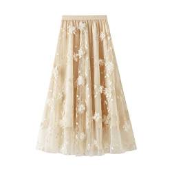 L&ieserram Damen Tüllrock Pailletten Knielang/Lang 50er Elegant Rockabilly Reifrock Großer Saum Petticoat Tutu Unterrock Ballett Tanzkleid Ballkleid Abendkleid Gelegenheit Zubehör (Beige Stickerei) von L&ieserram