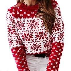 L&ieserram Damen Weihnachtspullover Stricken Pullover Weihnachtspulli Weihnachtsmotiv Causul Karo Elch Schneeflocken Druck Gestrickt Oberteile Pulli Sweatshirt Pullover (Rot Schnee, S) von L&ieserram