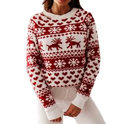 L&ieserram Damen Weihnachtspullover Stricken Pullover Weihnachtspulli Weihnachtsmotiv Causul Karo Elch Schneeflocken Druck Gestrickt Oberteile Pulli Sweatshirt Pullover (Weiß Rentier, L) von L&ieserram