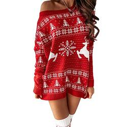 L&ieserram Damen Weihnachtspullover Weihnachtspulli Pulloverkleid Weihnachtsmotiv Causul Jacquard Strickkleid Oberteile Pulli Sweatshirt Strick Pullover Sweatshirt (Rot, Large) von L&ieserram