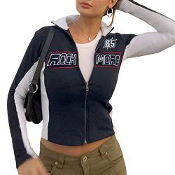 L&ieserram Damen Zip Up Kurze Jacke Vintage College Baseball Jacke Crop Sweatjacke Übergangsjacke Sweatshirt ohne Kapuze Y2K Aesthetic Clothes Frühling Herbst (A - Schwarz & Weiß, L) von L&ieserram