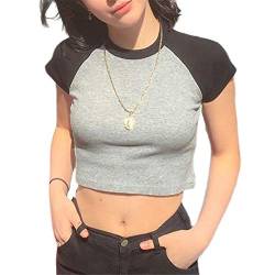 L&ieserram Y2K Fashion Style Crop Top Damen Sommer Oberteile Kurzarm Bauchfrei T Shirts Teenager Mädchen Vintage Look Sexy Party Clubwear E-Girl Streetwear (A Grau, S) von L&ieserram