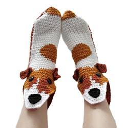 Lustige Socken Gestrickte Socken Drachen Krokodil Tier Socken dick Gestrickt Warme Bodensocken Skurrile Alligator Strickmanschette Winter warme Socken Kuschelsocken (Weiß Hund, Erwachsene) von L&ieserram