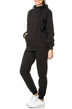 L.gonline Damen Jogginganzug Uni 586 | Baumwolle | Trainingsjacke mit Reißverschluss | Hose mit Gummizug und Zugband | Rippstrickbündchen | Schwarz, S von L.gonline