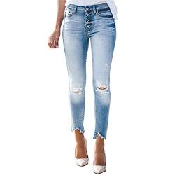 L9 Damen Stretch Jeans Slim Zerrissene Hose mit Sichtbarer Knopfleiste Elegant Hohe Taille Skinny Hosen Streetwear Mode Stretchy Jeanshosen (Y-112-Light Blue, S) von L9WEI
