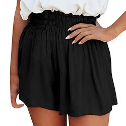 L9WEI Damen Shorts Sommer Lässige Kurze Hotpants Sommer Weite Kurze Hosen Casual Solid Color Shorts Elastische Taille Stoffhose Breites Bein Lose Beiläufige Hosen, Schwarz von L9WEI