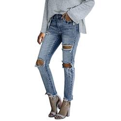 L9WEI Damen Stretch Jeans Slim Zerrissene Hose mit Sichtbarer Knopfleiste Elegant Hohe Taille Skinny Hosen Streetwear Mode Stretchy Jeanshosen (W03-A, XXL) von L9WEI