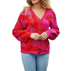 L9WEI Pullover Damen, 2023 Strickjacke Damen Langarm Erdbeer-Druck Cardigan Elegant V-Ausschnitt Herbst Mantel Warme Offener Vorderseite Outwear von L9WEI