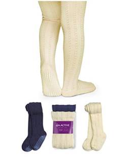 LA Active Strumpfhose Mädchen (2 Paar) - Baumwoll Strumpfhose 4-5T - Krabbelstrumpfhose mit Anti Rutsch Stoppersocken - Süßes Strick Zopfmuster -Goldene Creme und Marineblau von LA Active