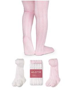 LA Active Strumpfhose Mädchen (2 Paar) - Baumwoll Strumpfhose 6-12 Monate - Krabbelstrumpfhose mit Anti Rutsch Stoppersocken - Süßes Strick Zopfmuster - Gänseblümchen weiß und Kirschblüte rosa von LA Active