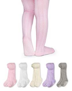 LA Active Strumpfhose Mädchen (5 Paar) - Baumwoll Strumpfhose 0-3 Monate - Krabbelstrumpfhose mit Anti Rutsch Stoppersocken - Süßes Strick Zopfmuster - Rosa/Weiß/Elfenbein/Lavendel/Grau﻿ von LA Active