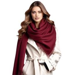 LA FERANI Damen Kaschmir Schal Halstuch Frühling Winter 185x65 Kaschmirschal Weiß Schwarz Rot Blau Grau Rosa Pashmina stilvoll elegant Wollschal Wolle Uni Farbe Damenschal (Wein Rot) von LA FERANI