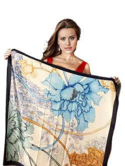 LA FERANI Designer Damen Beige blau edel Seidentuch Sommer Stola Halstuch Seide Kopftuch Bandana leicht 90x90cm quadratisch Geschenk Frau Mutter von LA FERANI