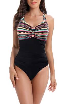 Laorchid Badeanzug Damen Bauchweg für Damen Bademode V Ausschnitt Badeanzug Monokini high Waist Sport Schwimmanzug Raffung Böhmen Streifen mit Schwarz 4XL von LA ORCHID