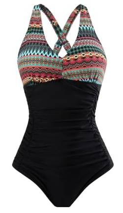 Laorchid Damen Badeanzug v Ausschnitt Einteilige Push up bademode Swimsuit Frauen high Waist Badeanzug Damen bauchweg Böhmische Streifen mit Schwarz M von LA ORCHID